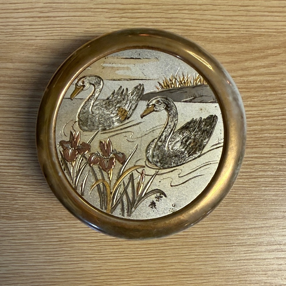 Vintage Decorative Swans Embossed Round Trinket Dish - Gold & Silver Tones
